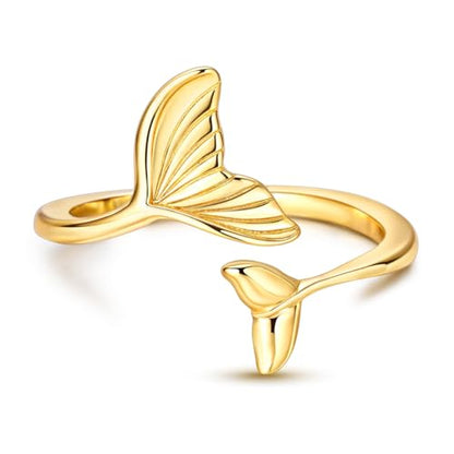 925 Sterling Silver Adjustable Rings for Women 14K Gold Plated Thumb Rings | Stackable Statement Eternity Rings Dainty Starfish Star Moon Heart Lucky Open Ring Trendy Jewelry Birthday Gifts for Ladies - color: Gold Fish Tail Ring