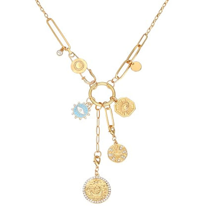 Charm Necklace for Women Gold Evil Eye Sun Moon Flower Coin Pendant Necklace Dainty Paperclip Chain Vintage Luck Amulet Choker Necklaces Celestial Jewelry Gift - style: Detachable- Evil Eye, Cobra