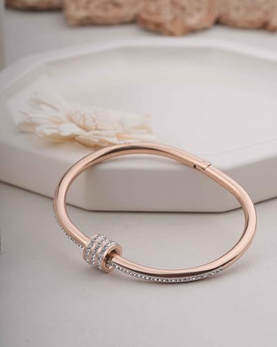 Rose Gold Pave Crystal Bangle Bracelet for Women – Stainless Steel Hinged Cuff with Wrapped Center – Hypoallergenic Waterproof – Sparkling Statement Jewelry – Gift for Her Backend: pave crystal bangle rose gold hinged cuff statement bangle sparkle wrapped