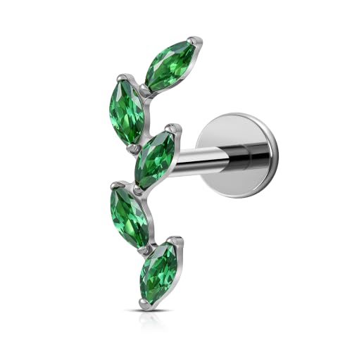 FINE4U 16G CZ Cluster Climber Cartilage Earring for Helix, Tragus - ASTM F136 Titanium Triple Marquise Labret Stud, Screw on Nickel Free Flat Back Jewelry - color: Five Marquise - Green CZ - Tit