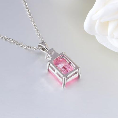 CiNily Rectangular Crystal Necklace for Women Trendy, Pendant Necklace with Chain 14K White Gold | Gold Plated Multicolor Birthstone Pendant Necklaces Boho Jewelry for Christmas Birthday Wedding - color: Silver-Pink cz