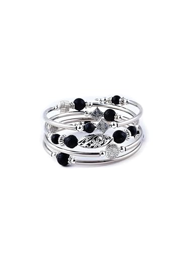 Boho Wrap Beaded Bracelet for Women – Handmade Natural Stone Jewelry – Stainless Steel Adjustable Ethnic Chic Gift - color: Volcano Rock
