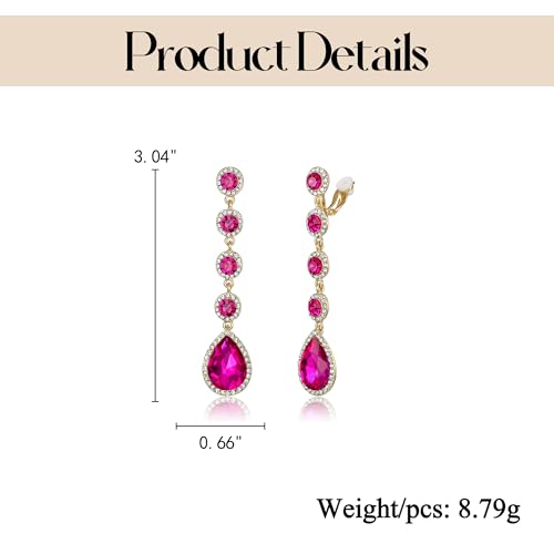 EleQueen Women's Wedding Crystal Teardrop Pear Shape 3 Inch Clip on Long Dangle Earrings for Bride Bridesmaid, Jewelry for Party Prom/Anniversary - color: Hot Pink Gold-Tone