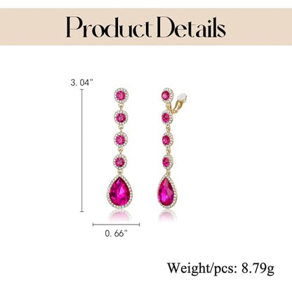 EleQueen Women's Wedding Crystal Teardrop Pear Shape 3 Inch Clip on Long Dangle Earrings for Bride Bridesmaid, Jewelry for Party Prom/Anniversary - color: Hot Pink Gold-Tone