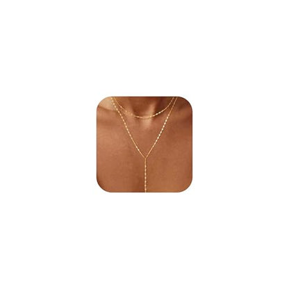 Lariat Necklace for Women, Dainty Long Necklaces, 14k Gold/Silver Plated Y-Shaped Drop Chain Necklace, Simple Layered Necklaces, Trendy Jewelry Gifts - style: Double Lip Chain-Gold