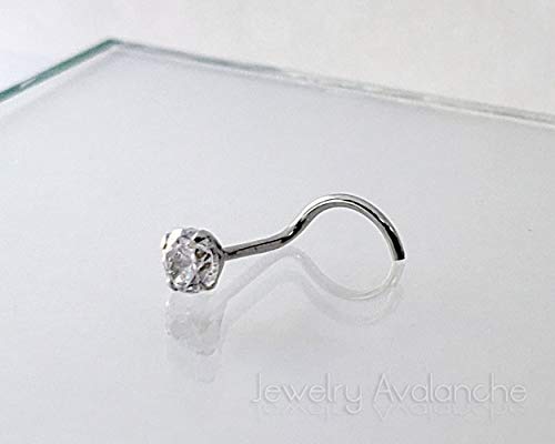 Jewelry Avalanche Solid 14Kt Gold Nose Screw, 24G Nose Hook, Nose Stud, 14kt Yellow Gold or 14kt White Gold Nose Ring Prong Set CZ Accent - style: 14kt white gold w/ 3mm cz
