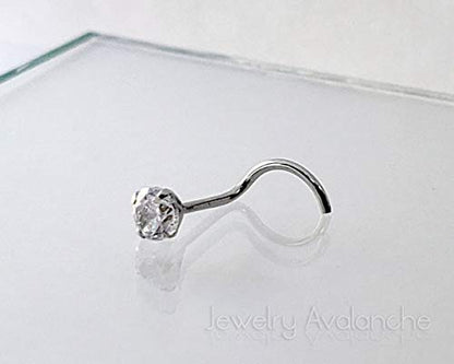 Jewelry Avalanche Solid 14Kt Gold Nose Screw, 24G Nose Hook, Nose Stud, 14kt Yellow Gold or 14kt White Gold Nose Ring Prong Set CZ Accent - style: 14kt white gold w/ 3mm cz