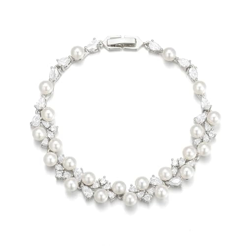 EVER FAITH Cubic Zirconia Pearl Bridal Prom Tennis Bracelet for Women | Elegant Pear CZ Wedding Jewelry Gift, for Bride Bridesmaid - style: Drop_Silver-Plated-Brass