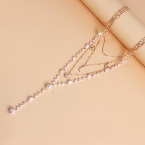 Layered Gold Pearl Lariat Necklace for Women Multi Strand Y Chain with Moon Star Charms Adjustable Statement Fashion Jewelry for Party Wedding Gift