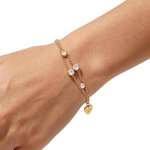 CTRLZTEAM 14K 18K Gold Plated Layered Bracelets for Women Stacked Bracelet | 14K 18K gold plated multi layer bracelets combine distinct chains with single clasp for instant pre-stacked style - style: Double Layer Zirconia Bezel Chain