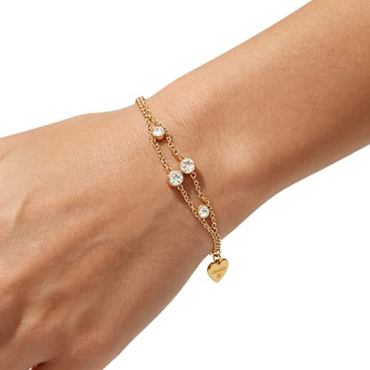 CTRLZTEAM 14K 18K Gold Plated Layered Bracelets for Women Stacked Bracelet | 14K 18K gold plated multi layer bracelets combine distinct chains with single clasp for instant pre-stacked style - style: Double Layer Zirconia Bezel Chain