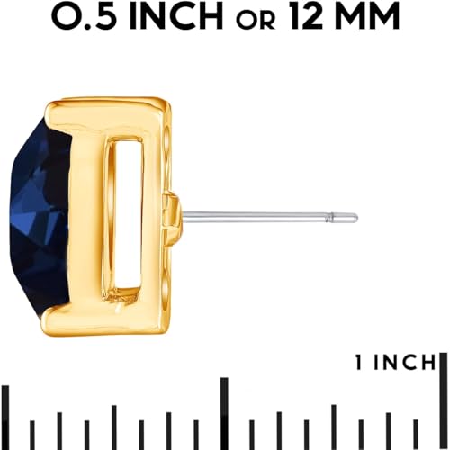 Large Square Stud Earrings for Women - Big Sparkly Rhinestone Studs | Plated in Gold Tone or Silver Tone, Hypoallergenic and Safe for Sensitive Ears - color: Navy Blue