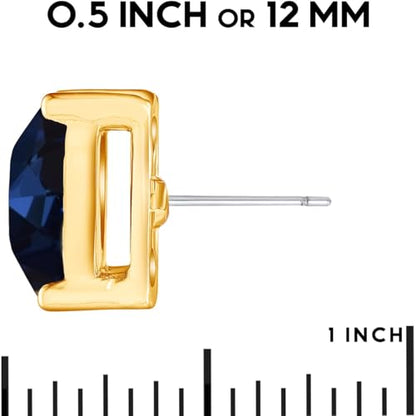 Large Square Stud Earrings for Women - Big Sparkly Rhinestone Studs | Plated in Gold Tone or Silver Tone, Hypoallergenic and Safe for Sensitive Ears - color: Navy Blue