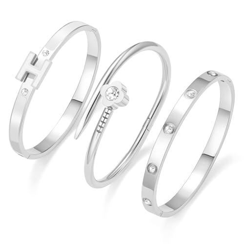 3Pcs Gold Bracelets for Women 14K Gold Plated Love/H/Nail Bangle Bracelet Dainty Non Tarnish Bracelet Jewelry Christmas Mothers Day Gifts for Women - color: 3Pcs Silver/White H bracelet
