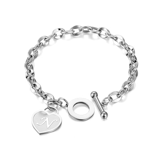 Initial Heart Charm Bracelets for Women 14K gold/Silver Tone Stainless Steel OT Clasp Heart A-Z Letter Name Bangle Bracelet Gifts - color: N
