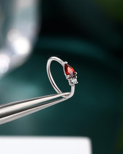 20G 925 Sterling Silver Small Thin Nose Ring Hoop for Women, Silver 7mm - 8mm Adjustable Half Hoop Nostril Piercing Jewelry - color: Red CZ
