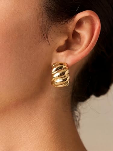 Chunky Gold Hoop Earrings for Women 14k Gold Plated Thick Triple Earrings | Hypoallergenic Trendy Chunky Gold Hoops Earrings,Dainty Jewelry Gifts for Women - style: Croissant Earrings