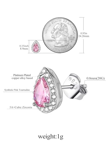 FindChic Birthstone Earrings for Women, Round/Heart/Square/Teardrop Earrings with 925 Sterling Silver Posts & Push Backs, Hypoallergenic Studs with Cubic Zirconia, 12 Months Jewelry with Gift Box - style: 10. October-Pink Tourmaline (Teardrop)