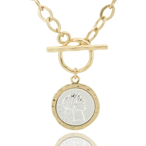 Women's Chunky Coin Necklace, 18K Gold Plated, 18-Inch Toggle Chain | Double-Sided Antique Coin Pendant with Thick Link Chain for Layered Looks and Vintage Statement Style for Everyday Wear - color: Worn Gold & Sliver-2