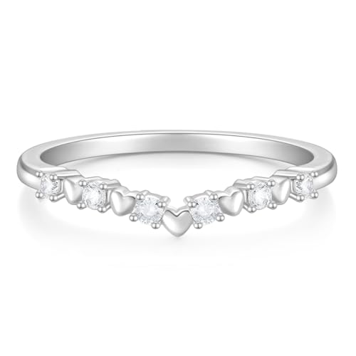 Mameloly Wedding Bands for Women Curved 14K Gold Plated Dainty Stackable Cubic Zirconia Half Eternity CZ Engagement Rings for Her Size 3-12 - color: Heart Silver