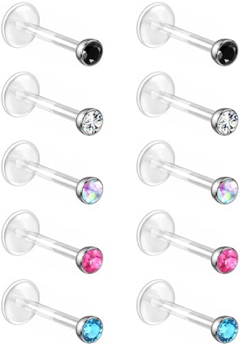 Bioflex Labret Plastic Lip Piercing Jewelry for Monroe, Medusa, Ashley and Cartilage Piercings, Tragus, Conch, Helix, Daith - 16g Clear Post Studs with Push-In CZ Crystals - color: Jet, Clear, AB, Rose, Aqua, size: 9mm