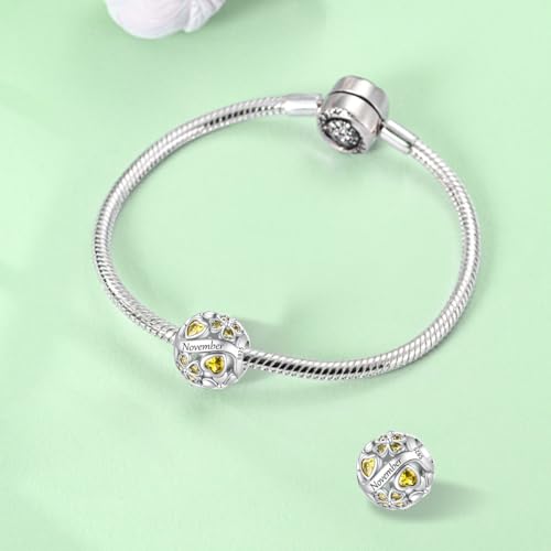 925 Sterling Silver Lucky Clover Birthstone Charms for Bracelets Dangle Pendant with 5A Cubic Zirconia Compatible Pandora Bracelets, Ladies Birthday Gift - style: 11-November