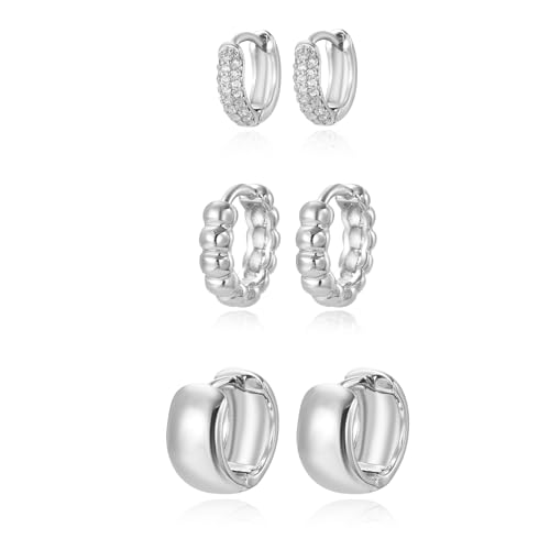 3 Pairs Huggie Hoop Earring Set 18K Gold Plated Cubic Zirconia Cartilage Earrings, Multi Piercings Ear Jacket Earring Climber Stud Earring for Women Everyday Earrings - color: 3 Silver Hoop