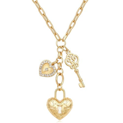 Chunky Gold Necklace for Women, 18K Waterproof Heart Necklace Statement Necklace Gold Charm Necklace Chunky Jewelry Paperclip Chain Choker Gift for Women - style: Heart Lock & Key
