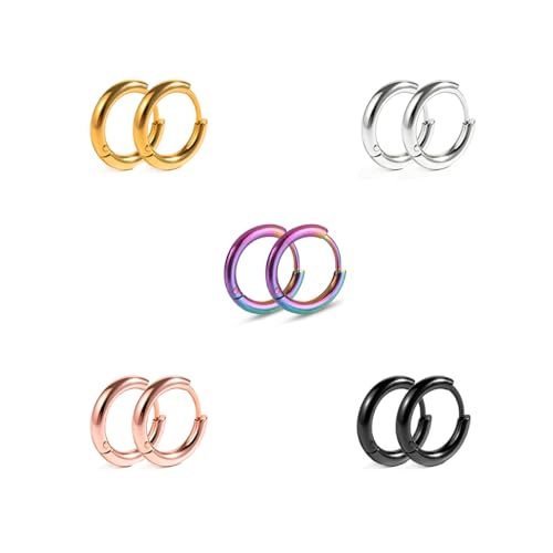 Small Gold Silver Hoop Earrings for Women Men | Stainless Steel Huggie Hoops Earring Stacks for Multiple Piercing 6mm-16mm - color: 10mm (5 Colors), 5 Pairs
