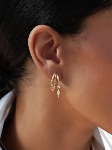 Freekiss Pearl Earrings for Women Trendy: Flat Back Stud Earrings 14K Gold Plated/925 Sterling Silver Freshwater Pearl Dangle Earrings Cute Bow Earrings Wedding Jewelry Birthday Gifts for Women Girls - style: Chain & Zircon-GD