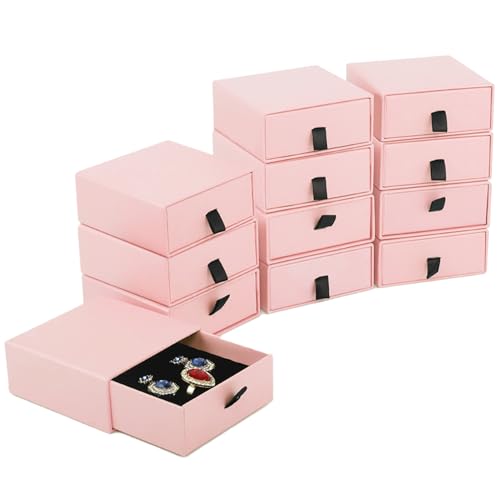Nsmykhg Jewelry Gift Box Velvet-Lined,12 Pack Compact Drawer Style for Earrings & Rings, Necklace & Bracelet Organizer, 3.93x3.93x1.65 Inches, Stackable Elegant Jewelry Display & Storage Box (Pink) - color: Pink