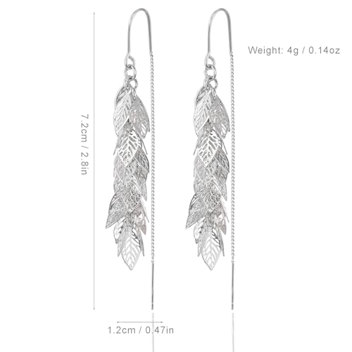 14K Gold Plated Leaf Threader Crystal Earrings for Women, Long Tassel Elegant Dangle Drop Earrings for Weddings, Galas, and Formal Events, Hypoallergenic Lightweight Jewelry Idea Gift - color: Silver