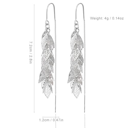 14K Gold Plated Leaf Threader Crystal Earrings for Women, Long Tassel Elegant Dangle Drop Earrings for Weddings, Galas, and Formal Events, Hypoallergenic Lightweight Jewelry Idea Gift - color: Silver