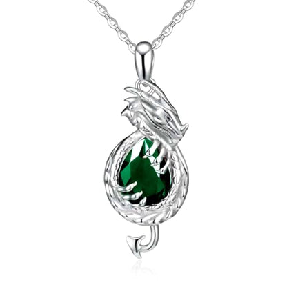 Dragon Necklace Sterling Silver Wyvern Pendant Jewelry with Teardrop Birthstone Gifs for Women - style: Dragon necklace-Emerald stone