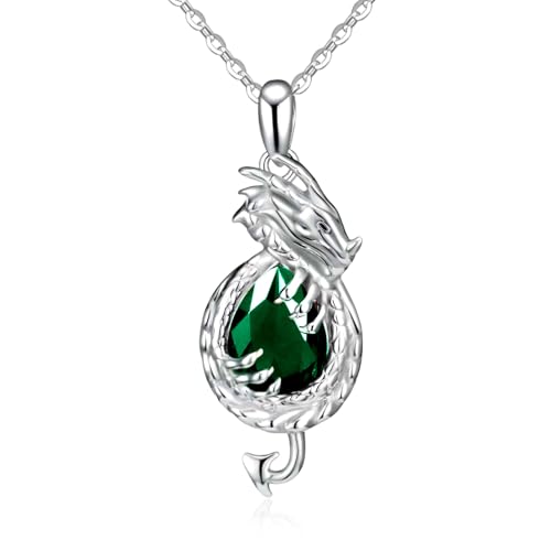 Dragon Necklace Sterling Silver Wyvern Pendant Jewelry with Teardrop Birthstone Gifs for Women - style: Dragon necklace-Emerald stone