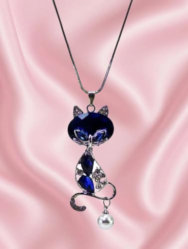 Blue Crystal Cat Pendant Necklace for Women – Large Sparkling Rhinestone with Moving Pearl, Long Silver Tone Snake Chain, Cat Lover Gift Fashion Statement Jewelry
