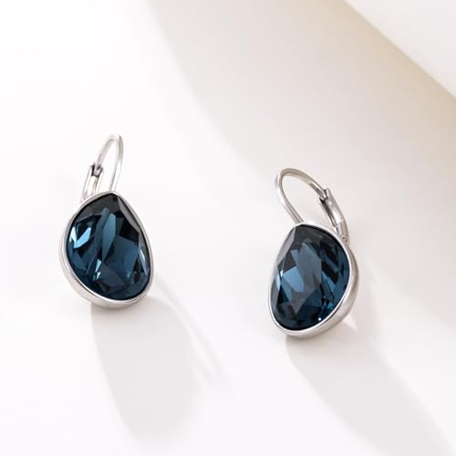 Xuping Jewelry Huggies Crystal Teardrop Earrings for Women Clear Crystals Leverback Silver Earring Fashion Party Jewelry Gifts - color: Navy Blue