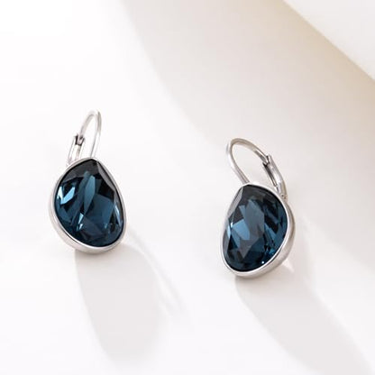 Xuping Jewelry Huggies Crystal Teardrop Earrings for Women Clear Crystals Leverback Silver Earring Fashion Party Jewelry Gifts - color: Navy Blue