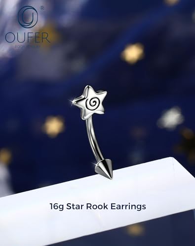 OUFER 16G Spiral Star Rook Piercing Jewelry Spike Curved Barbell Eyebrow Earrings 316L Surgical Stainless Steel 8mm Lip Tragus Helix Piercing Jewelry for Women Men