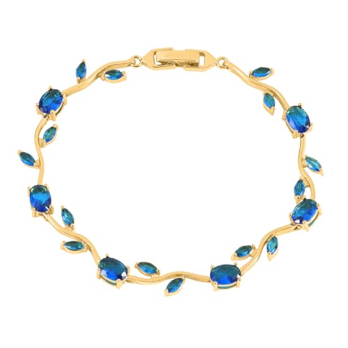 Tulip Flower Bracelet for Women 14K Gold Plated Stainless Steel with Colorful Cubic Zircon Dainty Cute Pink Rose Floral Jewelry Gift for Her Crystal Flower Leaf Bracelets -7.5inch/190mm - color: Blue Gold