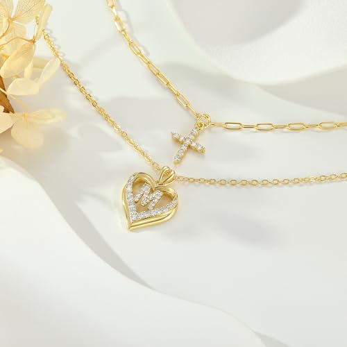 14K Gold Plated Layering Necklaces,Heart Initial Layered Necklace Cross Pendant Necklace Charm Personalized Stackable Jewelry Gift for Her - style: R