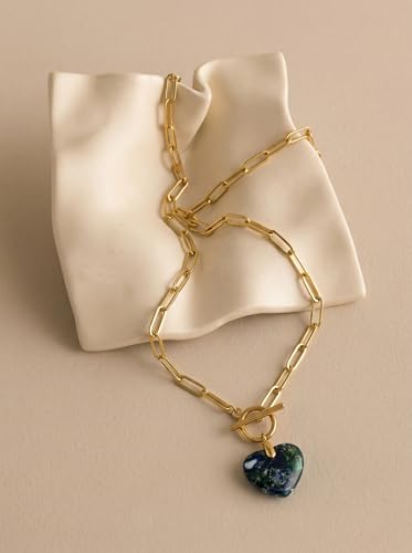 Puff Heart Healing Stone Necklace for Women, 14K Gold Plated Choker Paperclip Stainless Steel Chain, Colorful Natural Stone Boho Necklace Jewelry Gift for Women - color: Blue Stone-Gold