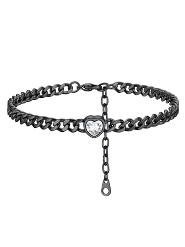 ChainsHouse Cuban Chain Anklets for Women with Heart Birthstone Jan - Dec | Stainless Steel Black Link Chain Ankle Bracelet with Birthstone, Beach Women Anklet 22cm-27cm Adjustable, with Gift Box - color: 04. Apr.-Clear Crystal-Black