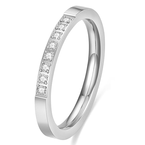 2mm 5mm Tainless Steel Cubic Zirconia Wedding Band Rings For Women,Stackable No Tarnish Fashion Cross Rings Size 4-10 - color: 2mm-Silver