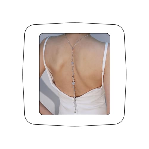 Silver Crystal Butterfly Pearl Back Chain Necklace for Women Vintage Rhinestone Drop Backdrop Body Chain Backless Bridal Wedding Dress Jewelry - color: Butterfly A