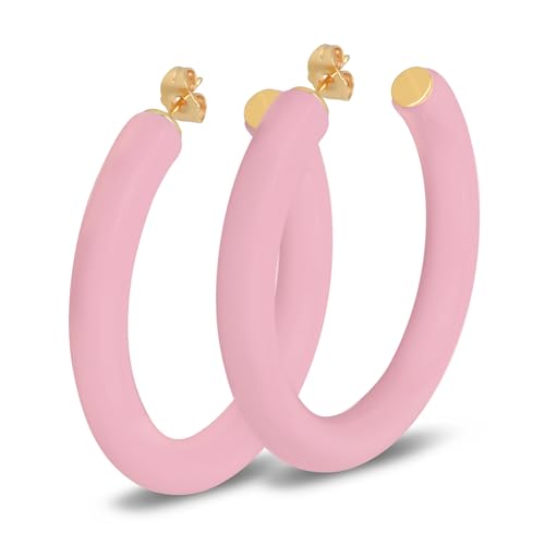 Gold Plated Multicolor Resin Chunky Thick Open Hoop Earrings in 57MM and 37.5MM Diameters - color: Pink - Pastel - Matte Finish, size: 57MM (2.24") Diameter