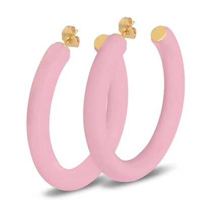 Gold Plated Multicolor Resin Chunky Thick Open Hoop Earrings in 57MM and 37.5MM Diameters - color: Pink - Pastel - Matte Finish, size: 57MM (2.24") Diameter