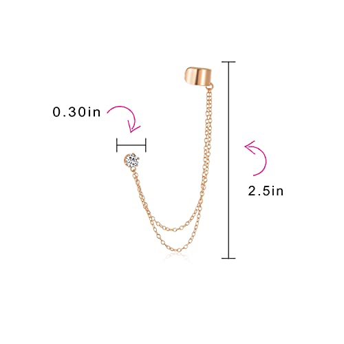 Bling Jewelry Geometric Cartilage Plain Band With Two Chains Ear Warp Cuff CZ Stud Ear Lobe Earring For Women Teens Men Rose 14K Gold Plated .925 Sterling Silver - color: Rose