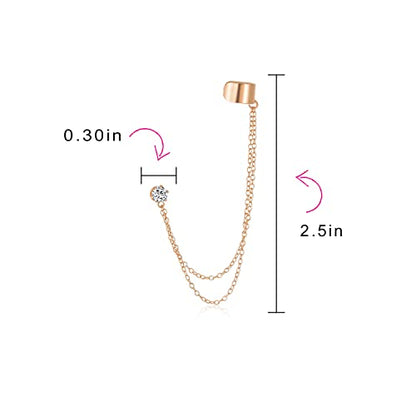 Bling Jewelry Geometric Cartilage Plain Band With Two Chains Ear Warp Cuff CZ Stud Ear Lobe Earring For Women Teens Men Rose 14K Gold Plated .925 Sterling Silver - color: Rose