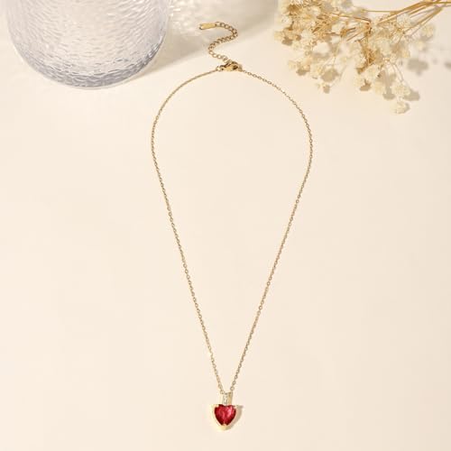 Heart Birthstone Necklace for Women, 14K Gold Plated Birthstone Pendant Necklace Cubic Zirconia Diamond Necklace Dainty Gold Necklace Birthday Gifts for Women Girls - color: 07. July(Ruby)